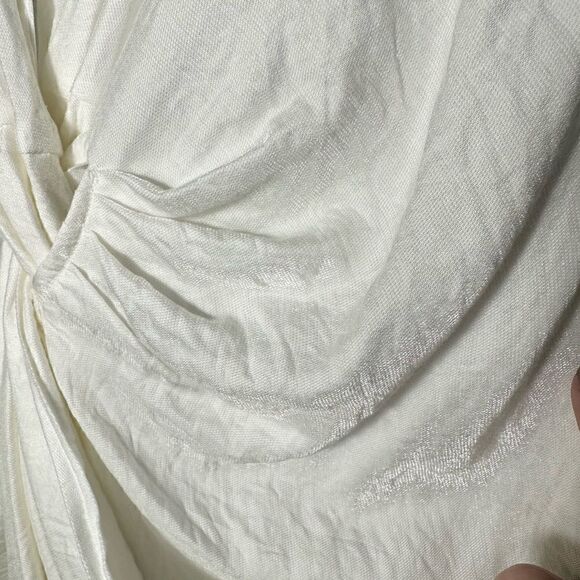 Endless Rose Structured White Shimmer Plunge Neck Knotted Detail Shirt Dress - Picture 7 of 9